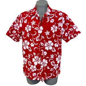 RJC Shirt Mens XL Red White Hibiscus Pareo Hawaiian Floral Button Front Vintage